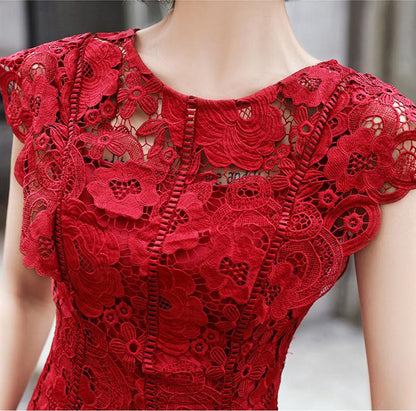 Round Neck Cap Sleeves Knee Length Floral Burgundy Lace Prom Dress, Burgundy Lace Formal Graduation Homecoming Dress