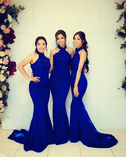 Halter Mermaid Bridesmaid Dresses Lace Train