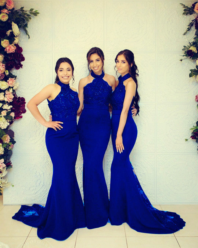 Halter Mermaid Bridesmaid Dresses Lace Train