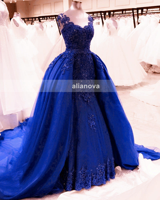 Lace Appliques Cap Sleeves Tulle Mermaid Dresses With Skirt