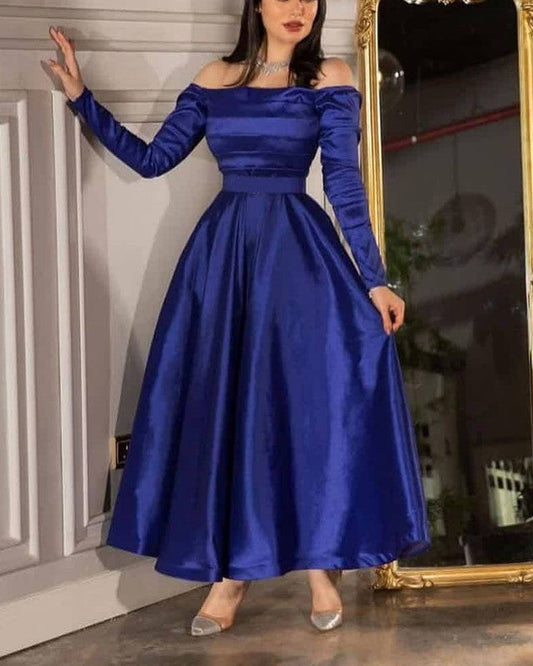 Long Sleeves Off The Shoulder Satin Dress Ankle Length