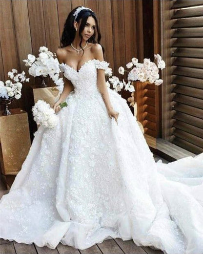 Royal Train Ball Gowns Wedding Dresses Lace Off Shoulder