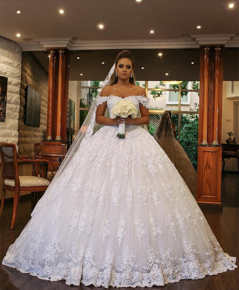 Royal Train Lace Wedding Dresses Ball Gowns Off-the-shoulder