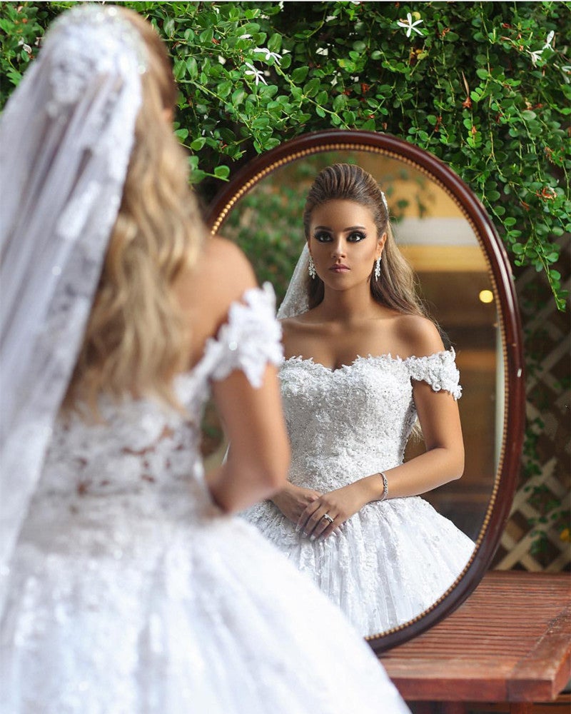 Royal Train Lace Wedding Dresses Ball Gowns Off-the-shoulder