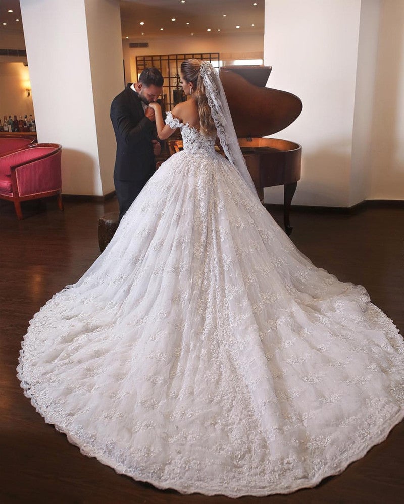 Royal Train Lace Wedding Dresses Ball Gowns Off-the-shoulder