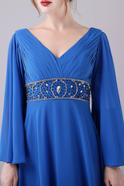 A-Line V-Neck Pleated Long Mother Of the Bride Dress With Beading