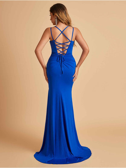 Mermaid Prom Dresses Spaghetti Straps V-neck Side Slit Floor Length