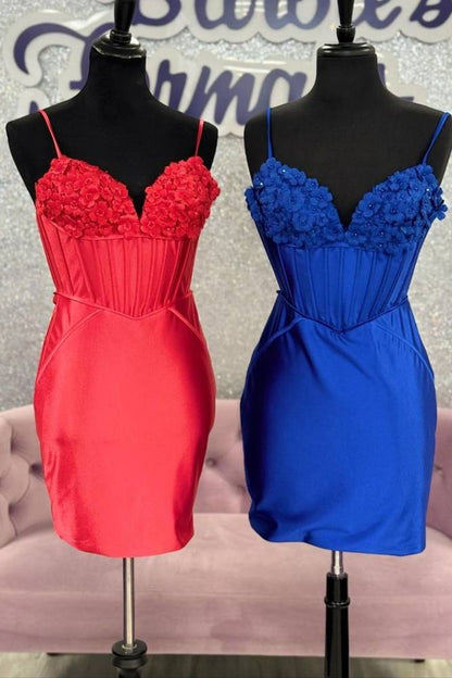 Red Spaghetti Straps Tight Short Homecoming Dress with 3D Floral Applique