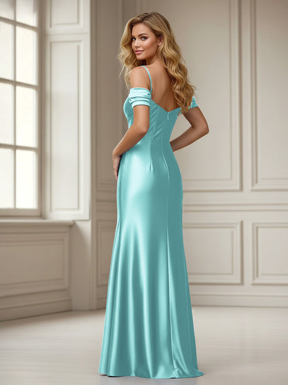 Off-the-shoulder Sheath Floor-length Dress With Slit Teal