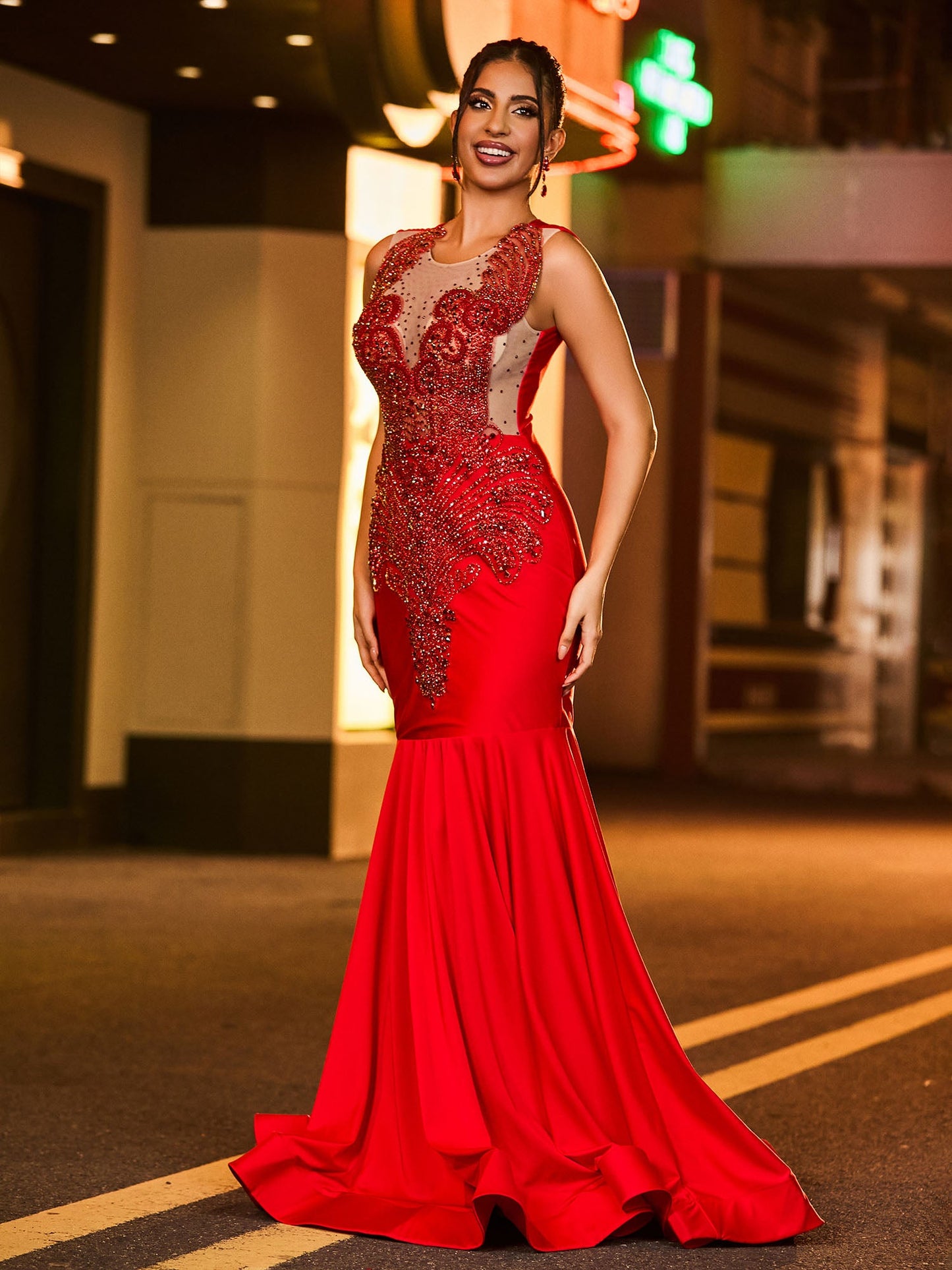 Gleaming Rhinestone-Encrusted Mermaid Prom Dress Burgundy