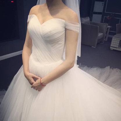 Ruched Sweetheart Off The Shoulder Tulle Ball Gown Wedding Dresses