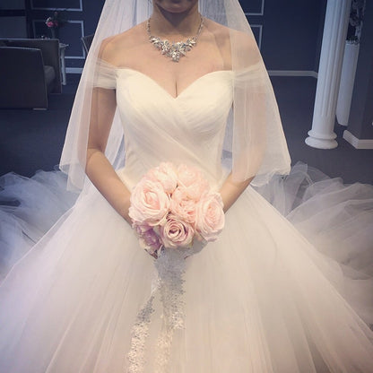 Ruched Sweetheart Off The Shoulder Tulle Ball Gown Wedding Dresses