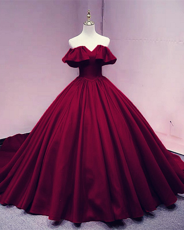 Ruffles Shoulder Wedding Dresses Satin Ball Gown