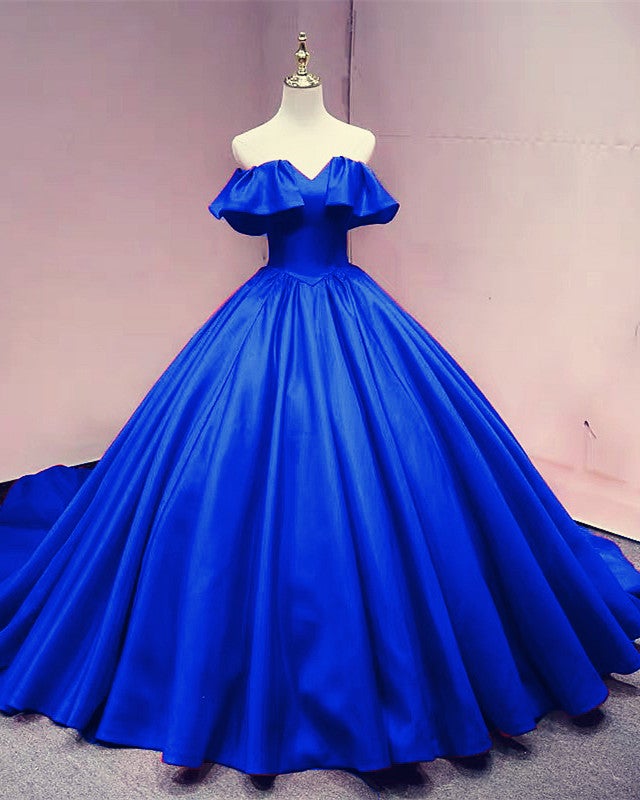 Ruffles Shoulder Wedding Dresses Satin Ball Gown