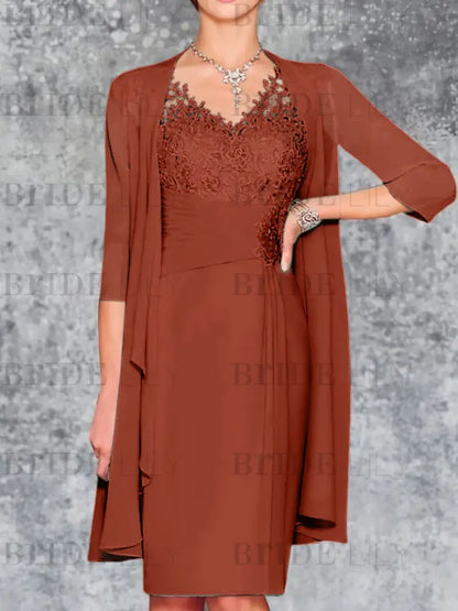 Two Piece Ruffle Chiffon Mother of the Bride Outfit Lace Short Wedding Guest Dress