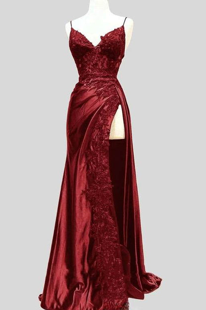 Black Applique Spaghetti Strap Ruching Long Prom Dress with Slit