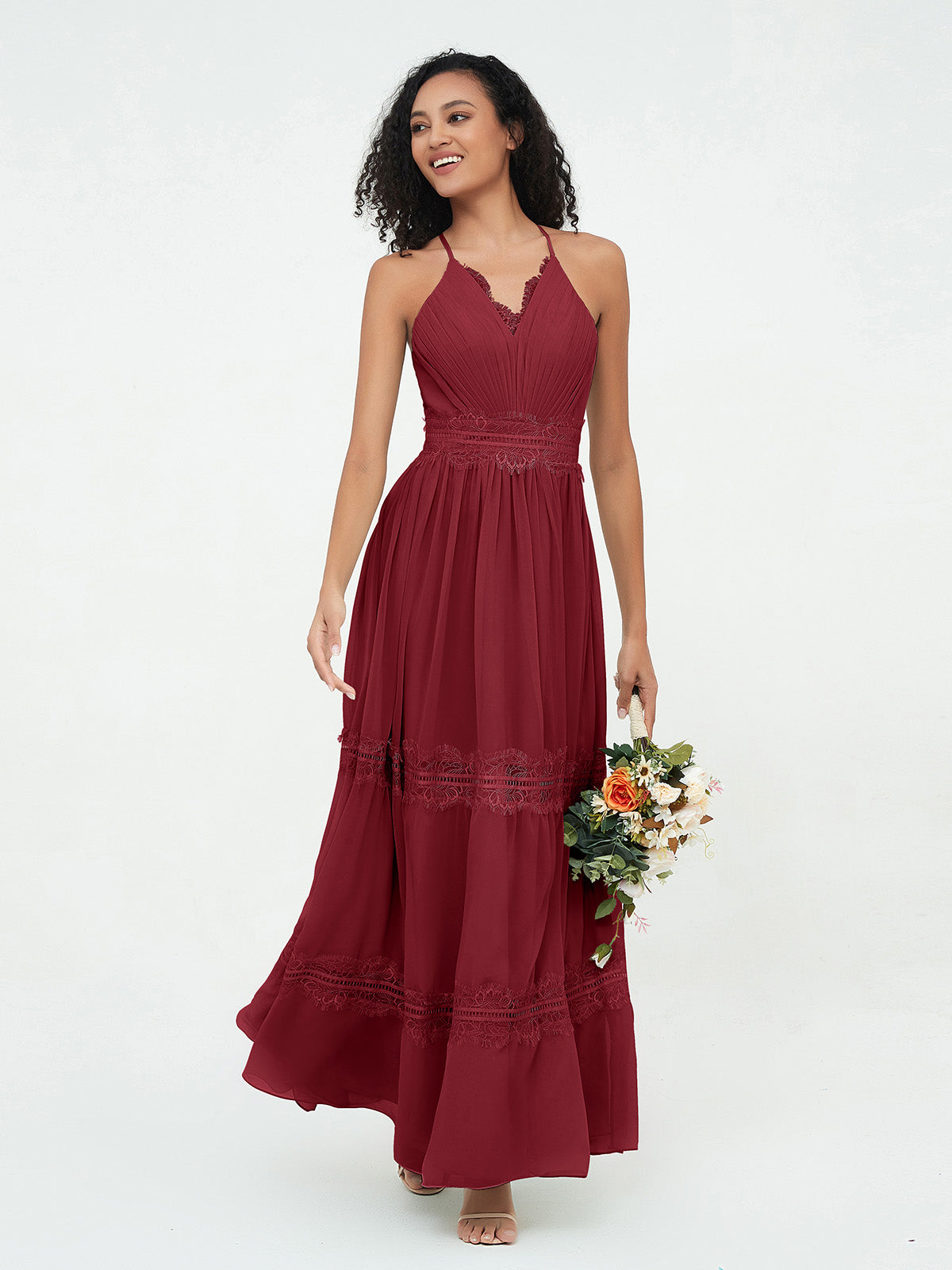 Lace and Chiffon Tiered Skirt Boho Dresses-Burgundy
