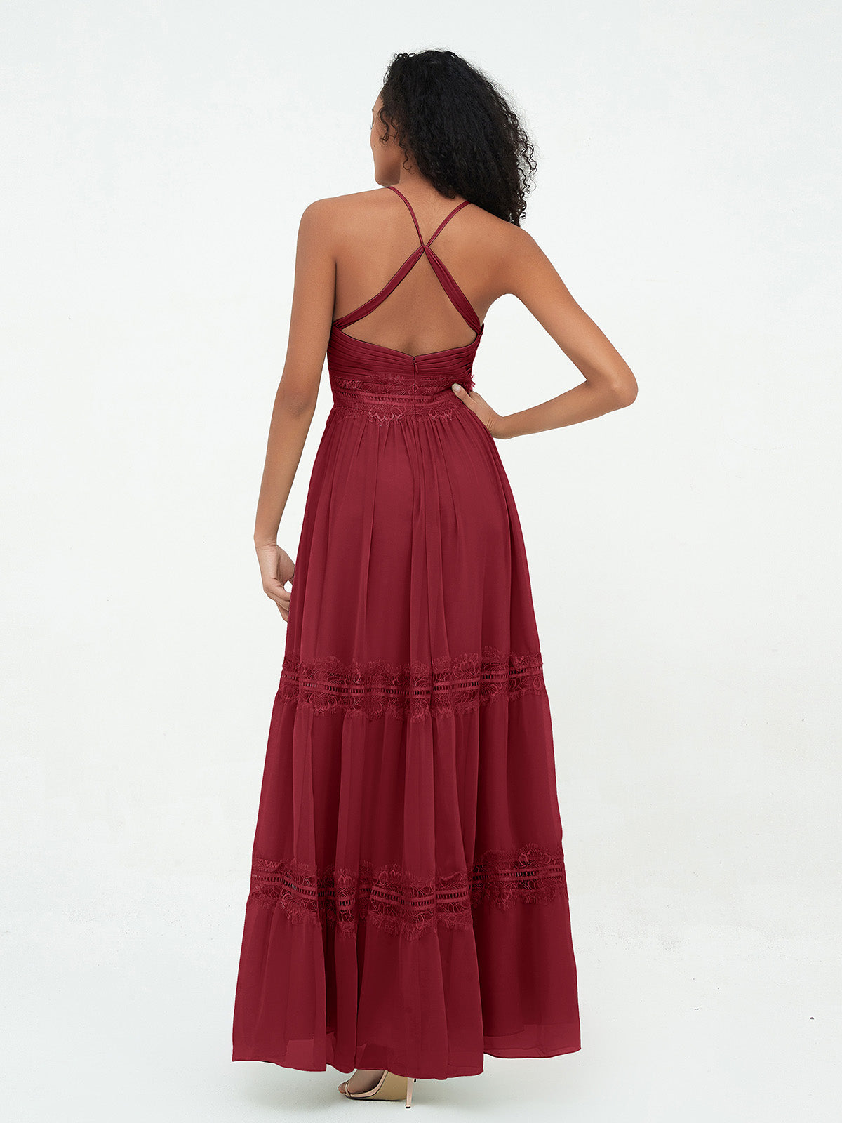 Lace and Chiffon Tiered Skirt Boho Dresses-Burgundy
