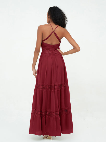 Lace and Chiffon Tiered Skirt Boho Dresses-Burgundy