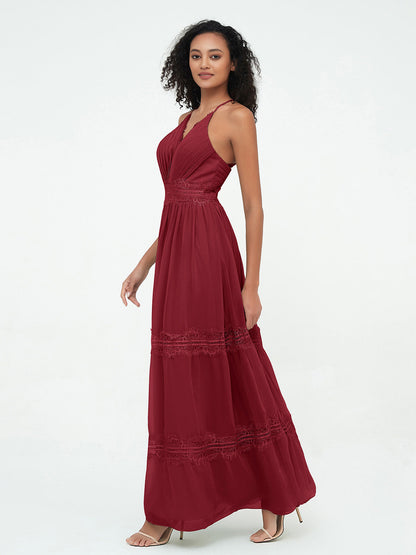 Lace and Chiffon Tiered Skirt Boho Dresses-Burgundy
