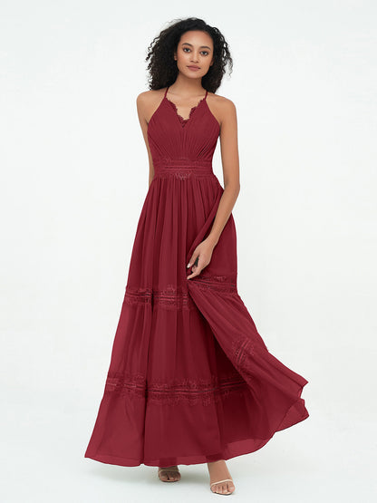 Lace and Chiffon Tiered Skirt Boho Dresses-Burgundy