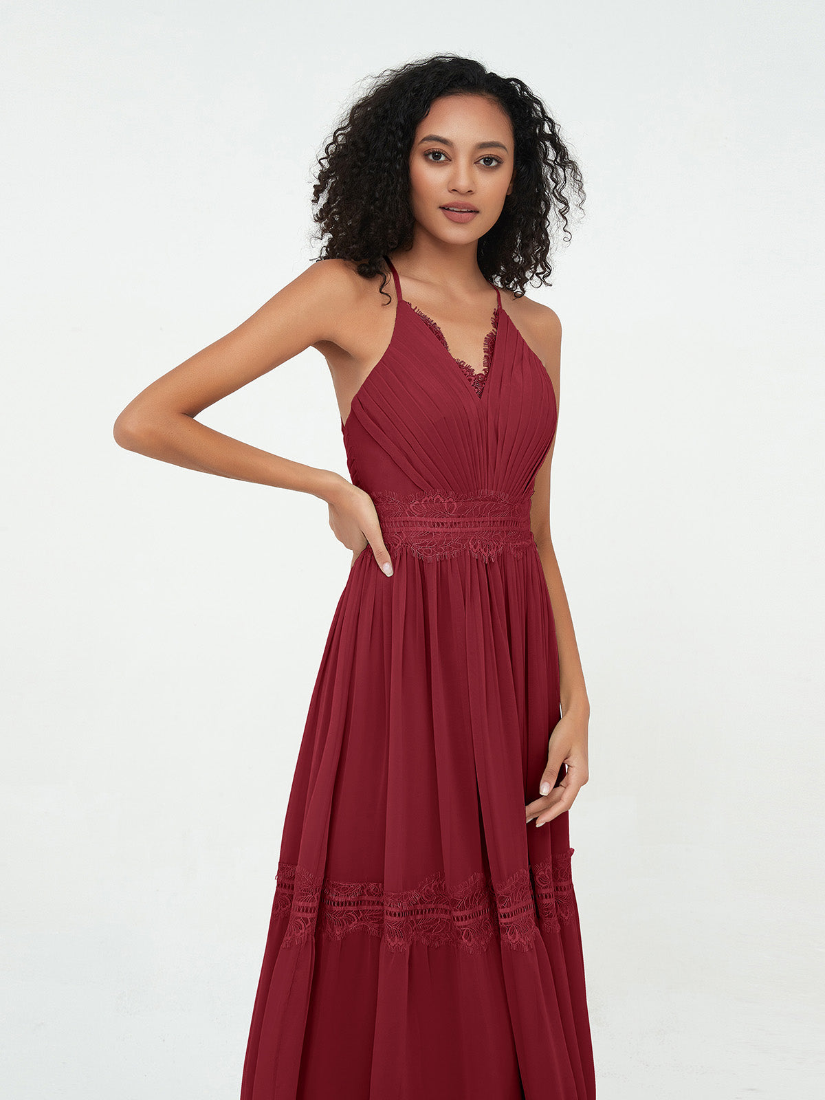 Lace and Chiffon Tiered Skirt Boho Dresses-Burgundy