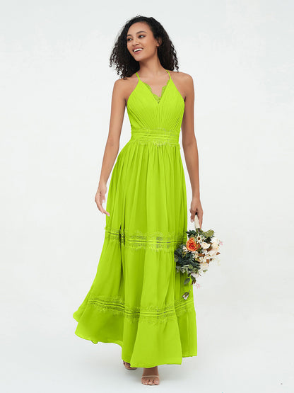 Lace and Chiffon Tiered Skirt Boho Dresses-Lime Green