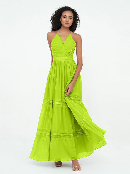 Lace and Chiffon Tiered Skirt Boho Dresses-Lime Green