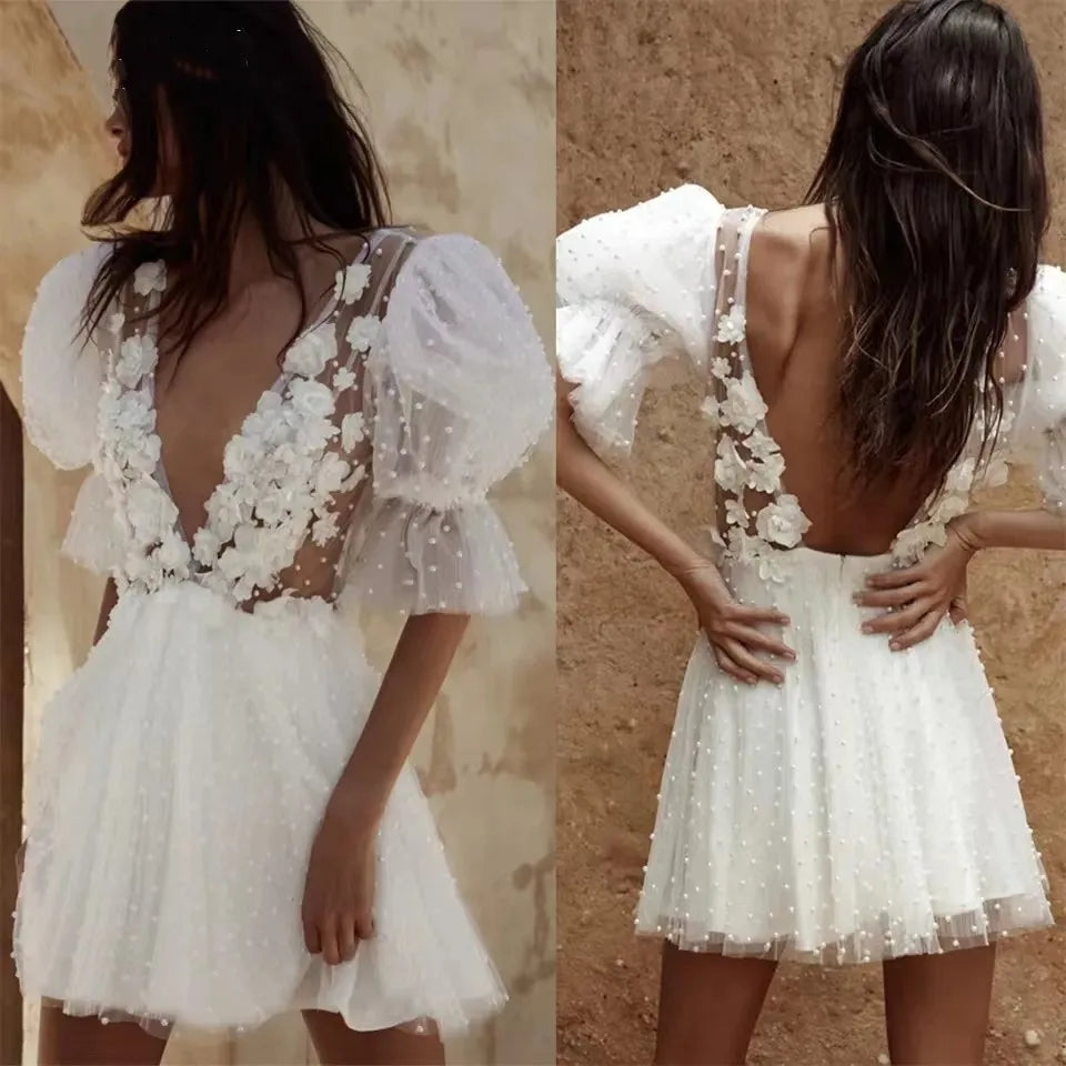 Customized Short Wedding Dress With Plunging V-Neck Pearls Flowers Mini Bridal Gown