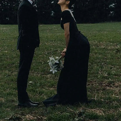 Elegant A Line Wedding Dresses Vintage Square Collar Bridal Dress with Short Sleeve Customized