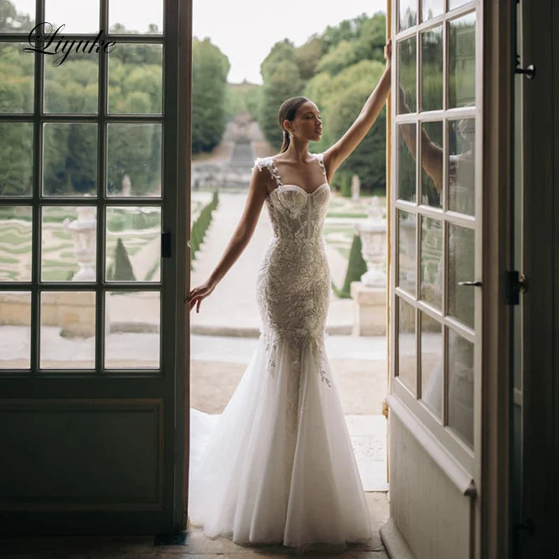 Liyuke Shining Symmetrical Lace Sweetheart Mermaid Wedding Dress