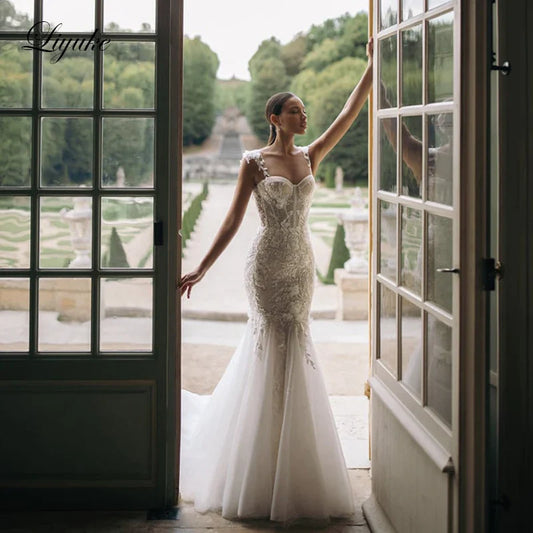 Liyuke Shining Symmetrical Lace Sweetheart Mermaid Wedding Dress