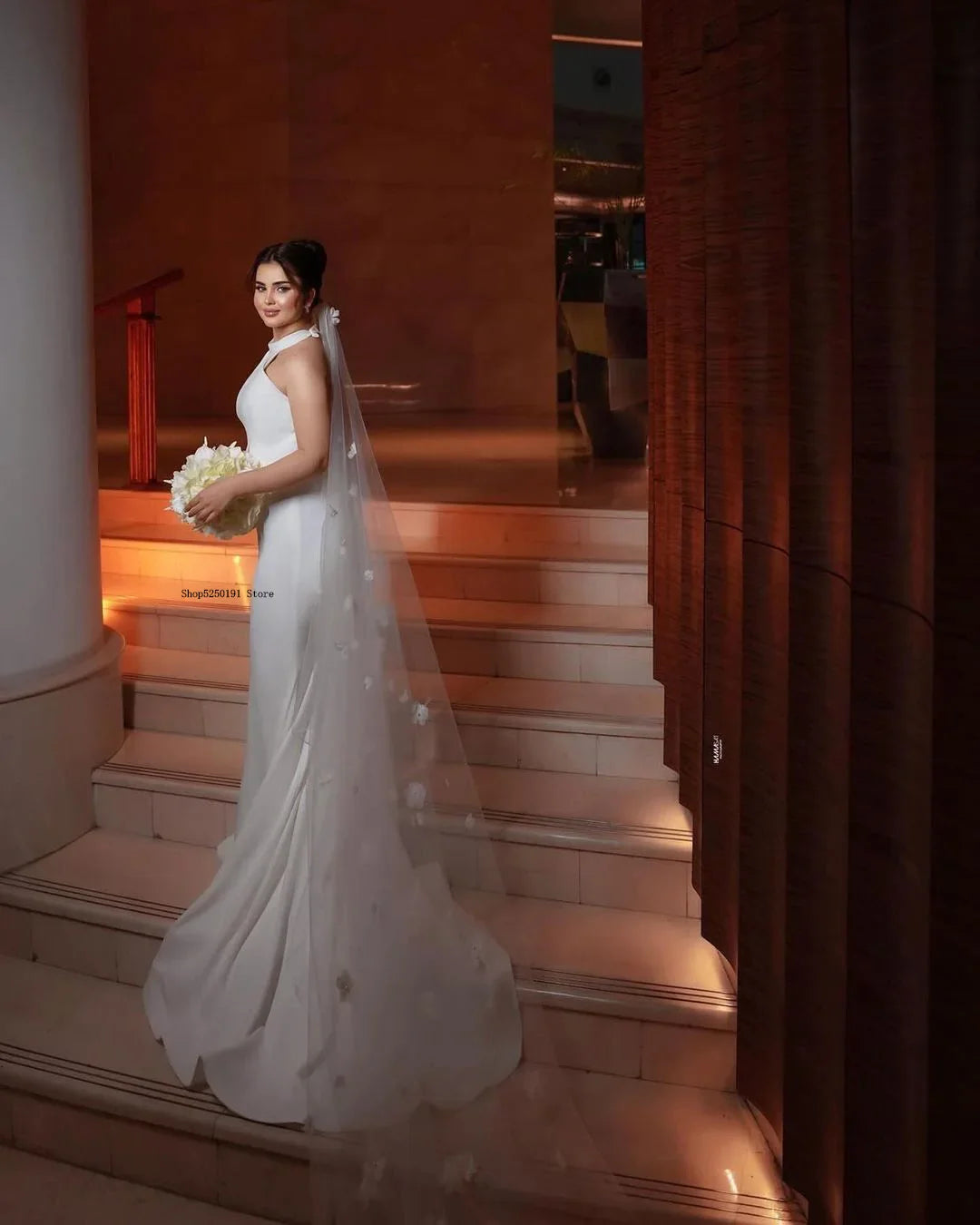 Elegant Halter Thick Satin Mermaid Wedding Dresses Sweep Train Custom Made