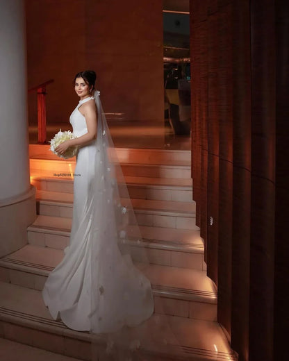 Elegant Halter Thick Satin Mermaid Wedding Dresses Sweep Train Custom Made