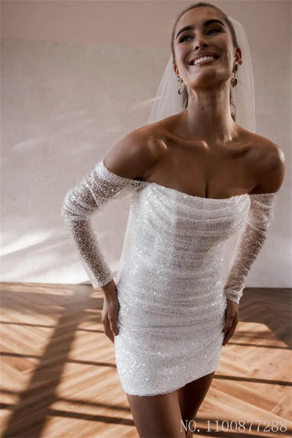 Customized Simple Off Shoulder Sequins Glitter Wedding Dress See-through Long Sleeves Mini Bridal Gown