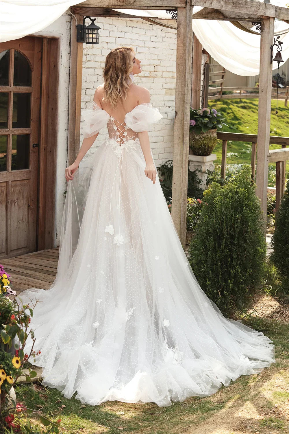 Boho Off The Shoulder V-neck 3D Flower A Line Wedding Dresses Side Slit Custom Made Bridal Gown