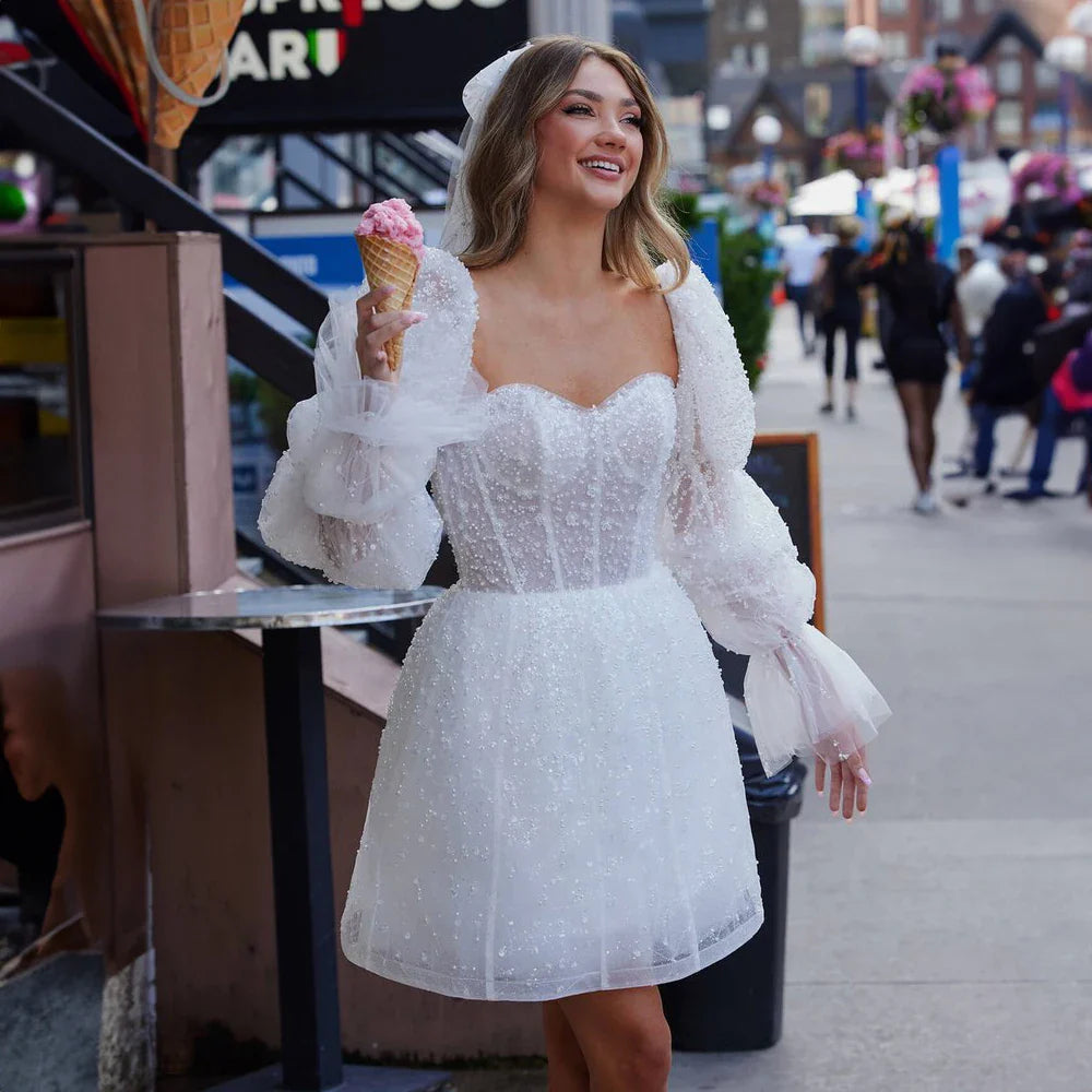 Sweetheart Beaded Sequins Elegant Wedding Dresses for Bride A-line Mini Gown with Sleeve