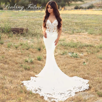 Customized Morden Lace Satin Mermaid Wedding Dresses Sleeveless Bridal Gown Simple Long Train