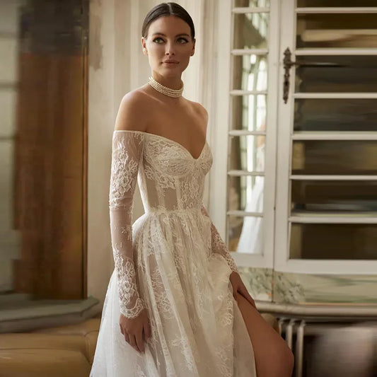 Elegant Off-Shoulder Lace A-line Wedding Dress Backless Gowns