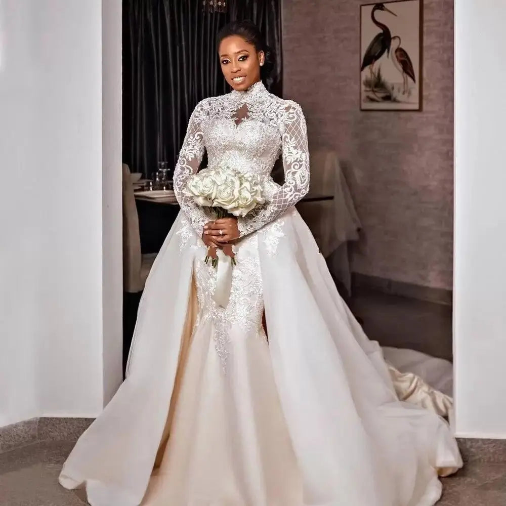 Sexy Lace Mermaid Wedding Dresses Beaded High Neck Gowns