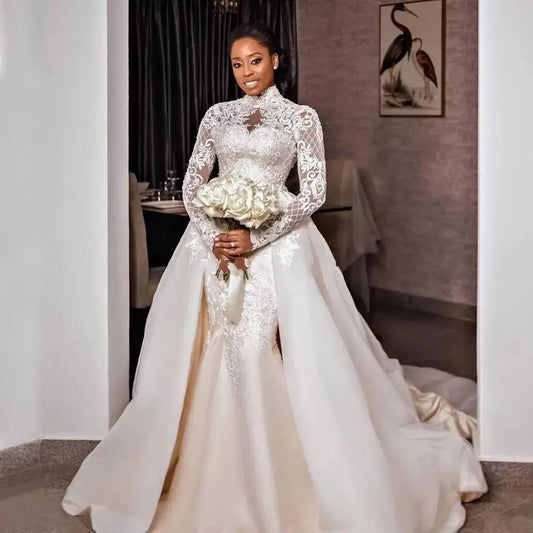 Sexy Lace Mermaid Wedding Dresses Beaded High Neck Gowns