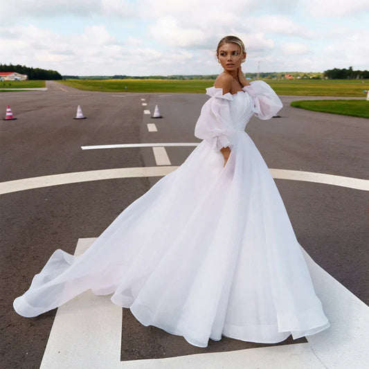 Customized Boat Neck Detachable Puff Sleeve A-Line Wedding Dresses