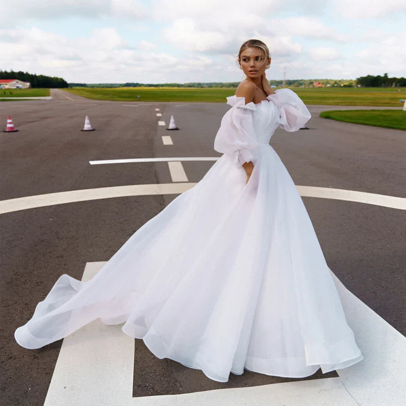 Customized Boat Neck Detachable Puff Sleeve A-Line Wedding Dresses