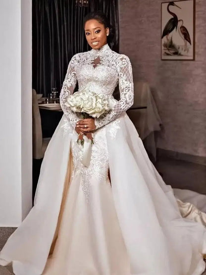 Sexy Lace Mermaid Wedding Dresses Beaded High Neck Gowns