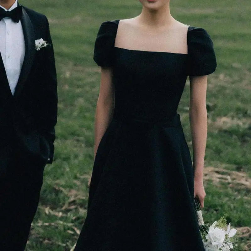 Elegant A Line Wedding Dresses Vintage Square Collar Bridal Dress with Short Sleeve Customized