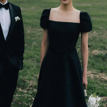 Elegant A Line Wedding Dresses Vintage Square Collar Bridal Dress with Short Sleeve Customized