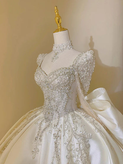 Sweet Square Collar Satin Wedding Dress Plus Size Ball Gown