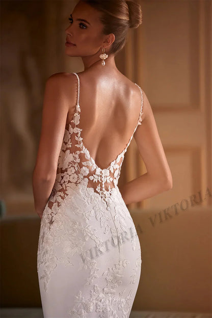 VIKTORIA Vintage Backless Wedding Dresses For Woman Spaghetti Straps Lace Appliques
