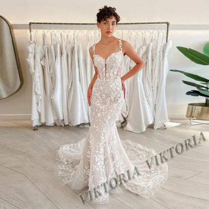 VIKTORIA Vintage Backless Wedding Dresses For Woman Spaghetti Straps Lace Appliques