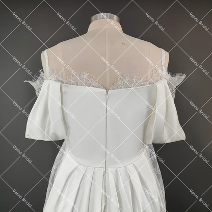 Customized Illusion Tulle Off Shoulder Lace Wedding Gowns A Line Long Sleeves Ruched Satin Bridal Dress